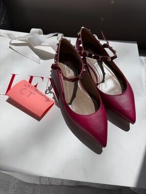 Valentino Pink Leather Pointed Rockstud Ankle-Strap Flats